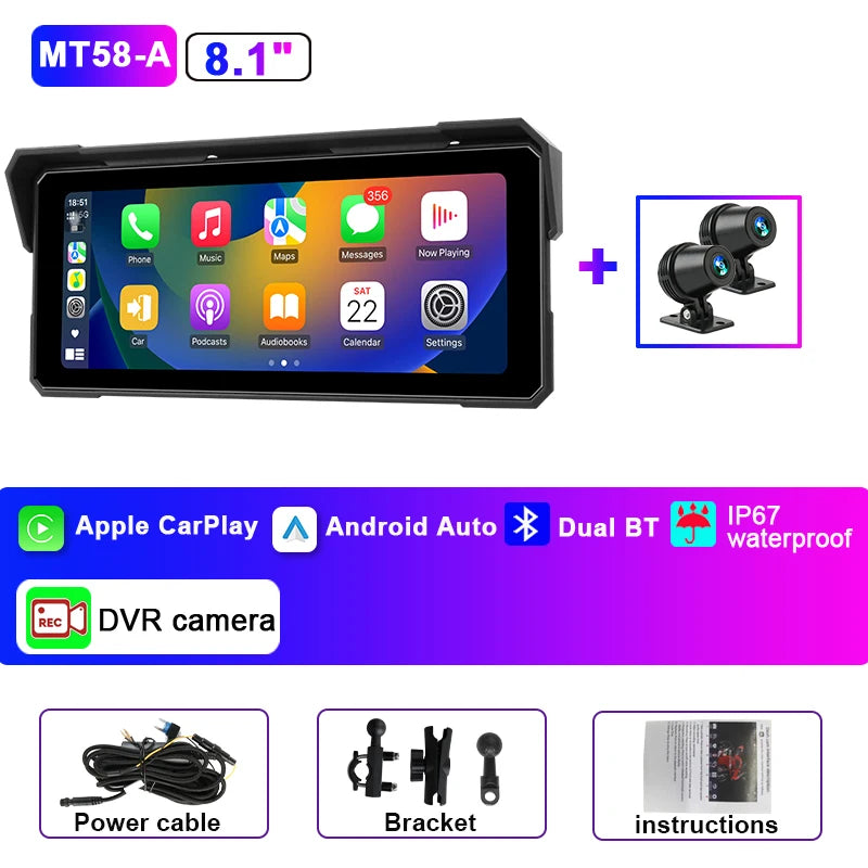Jansite 8.1" 4K Motorcycle DVR Monitor with CarPlay & GPS