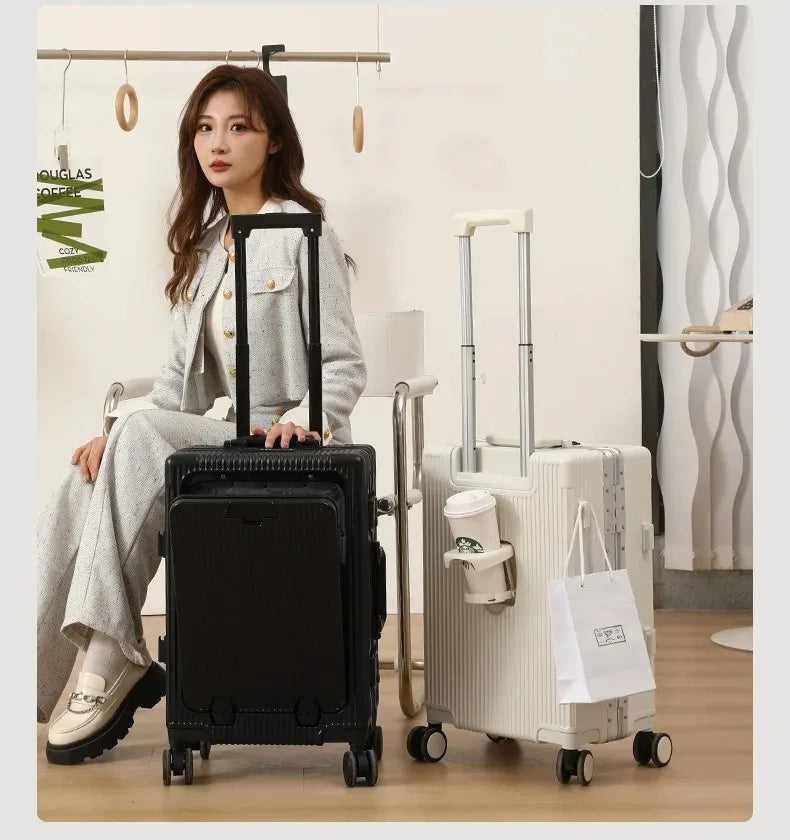 Vabena Front Opening USB Charging Aluminum Carry-on Suitcase