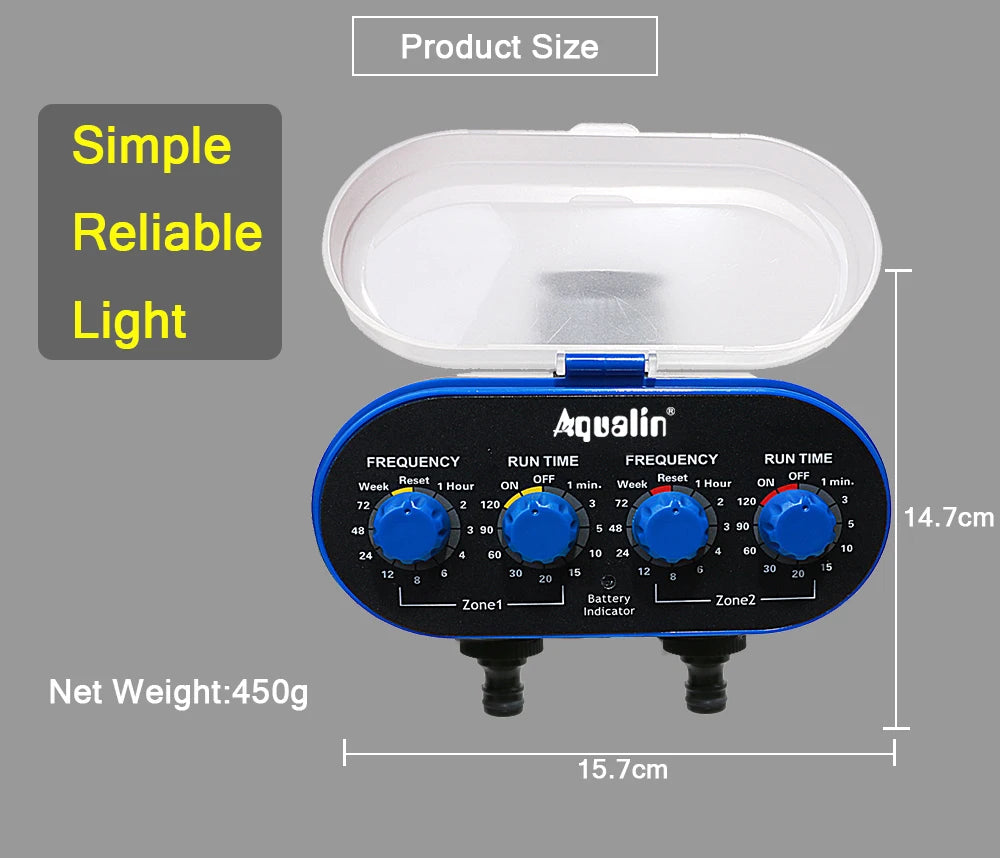 Automatic Garden Water Timer, 2 Outlet Ball Valve, 4 Dials, 0 Pressure Irrigation Controller for Yard
