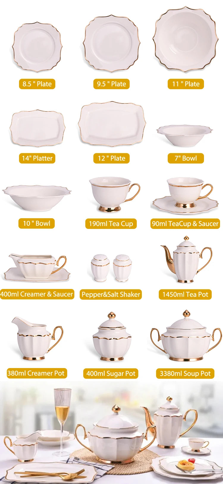 Vabena 62-Piece Bone China Luxury Dinnerware Set with Gold Rim - Elegant Dining