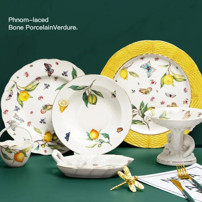 Elegant Lemon Ceramic Dining Set & Coffee Cups - Premium Dinnerware