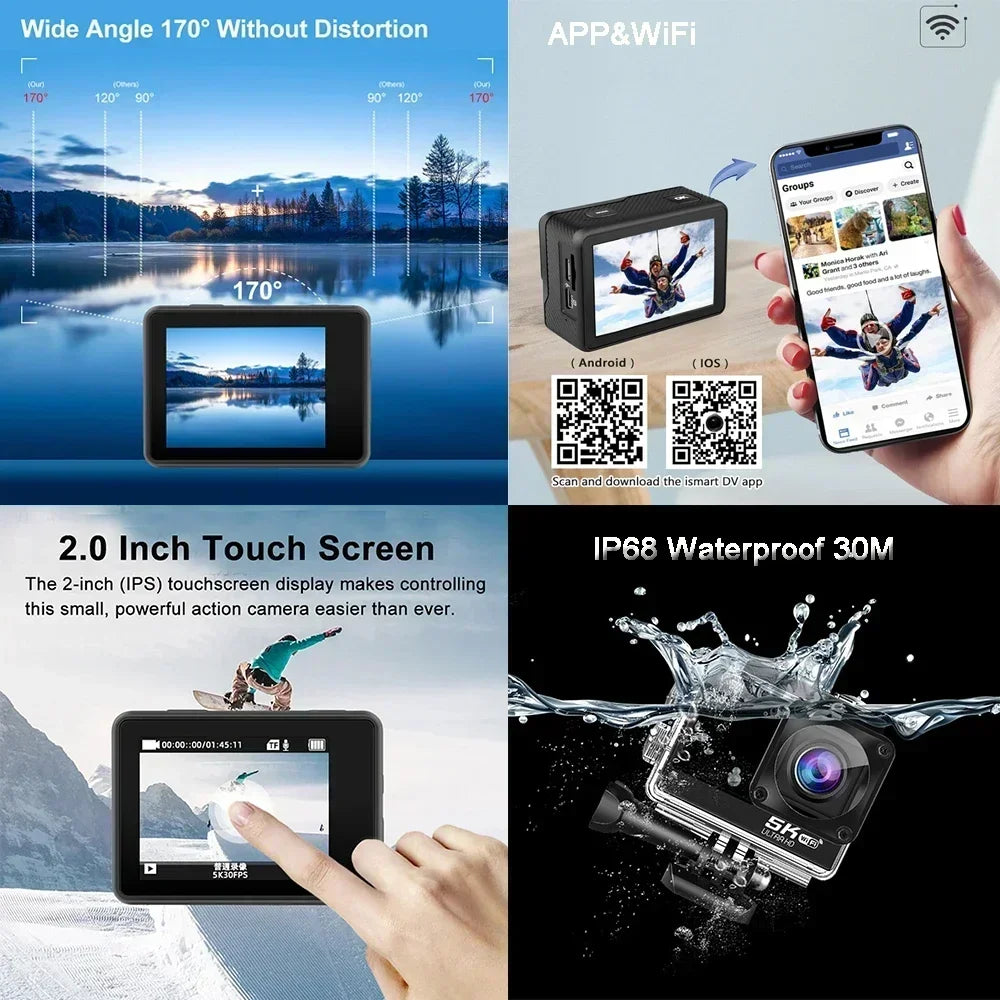 Sony IMX576 5K 4K 60FPS Waterproof 48MP Wi-Fi Action Camera for Adventure