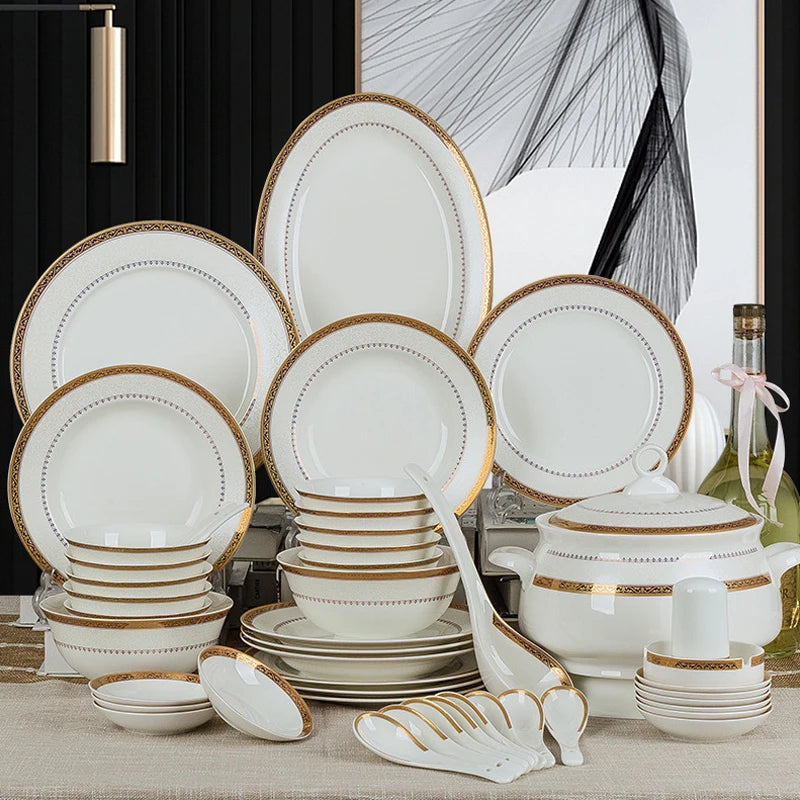 Luxury 58-Pc Gold Rim Bone China Dinnerware Set - Elegant Dining