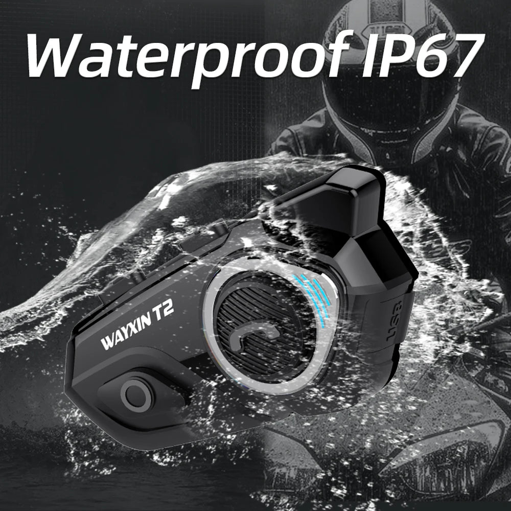 WAYXIN T2 Motorcycle Bluetooth Intercom - 2 Rider, 300M, BT 5.1, Waterproof Headset