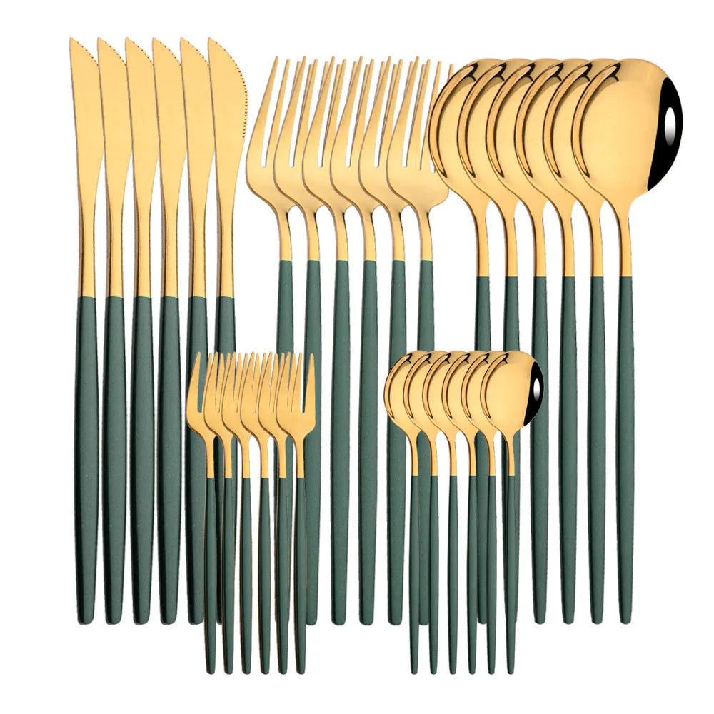 Vabena 30-Piece Black Gold Stainless Steel Dinnerware Set