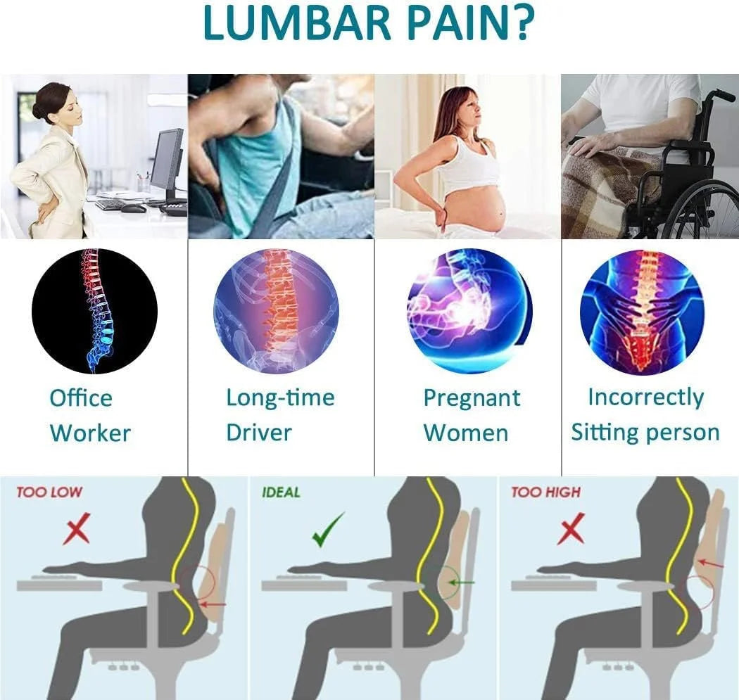 Ergonomic Memory Foam Lumbar Support Pillow - Car, Office & Home Back Pain Relief