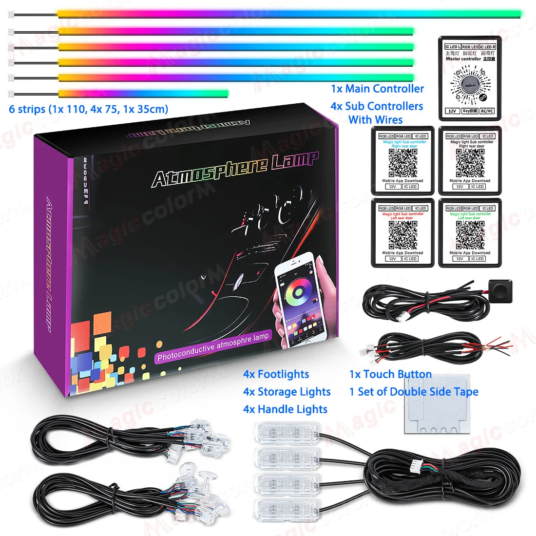 18-in-1 LED Car Ambient Lights Kit - 64 Color RGB Symphony Streamer Interior Bluetooth Strips