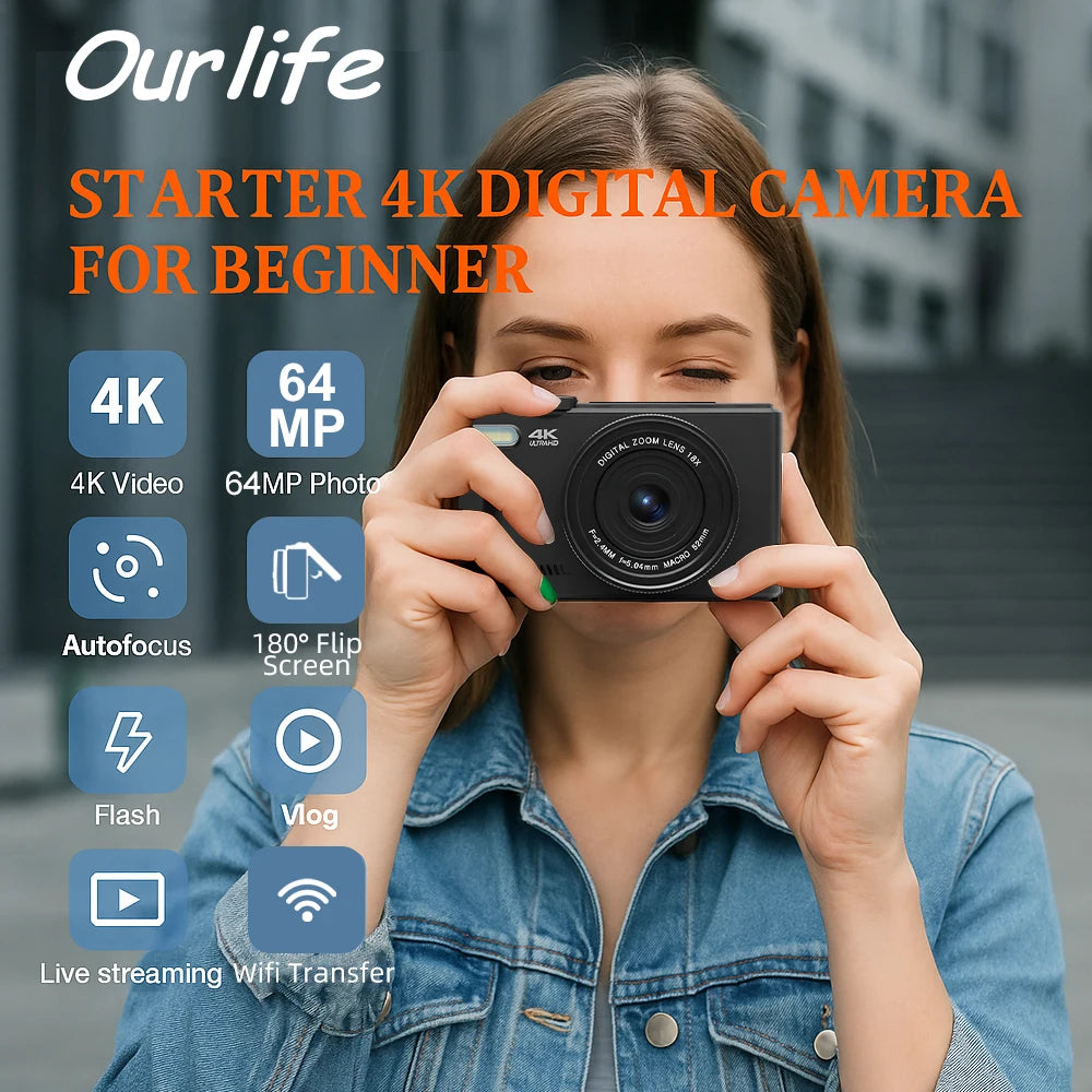 Ourlife AC600 4K 64MP Digital Vlogging Camera