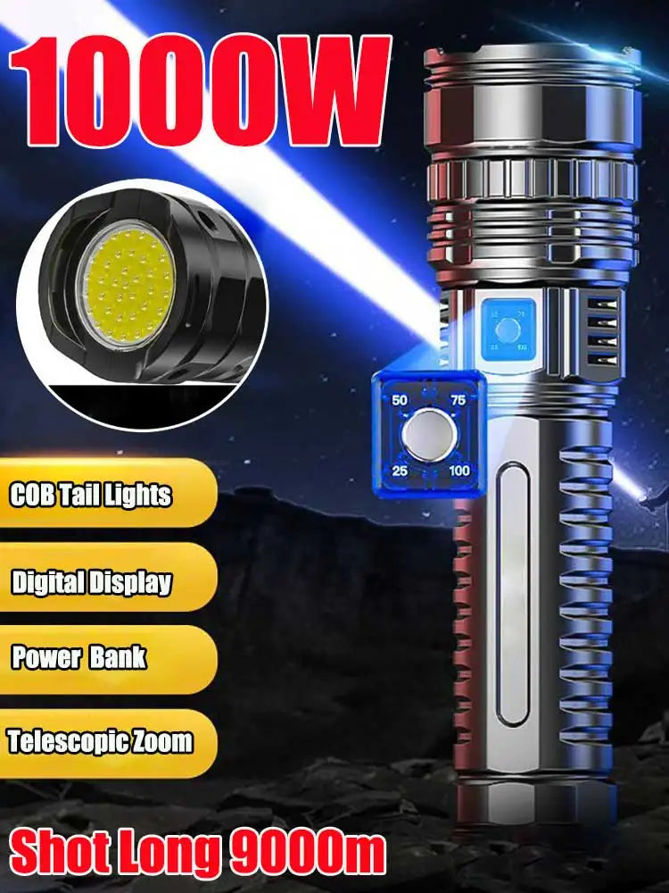 Vabena 10000LM 800W Tactical Flashlight - 4km Beam, Powerbank
