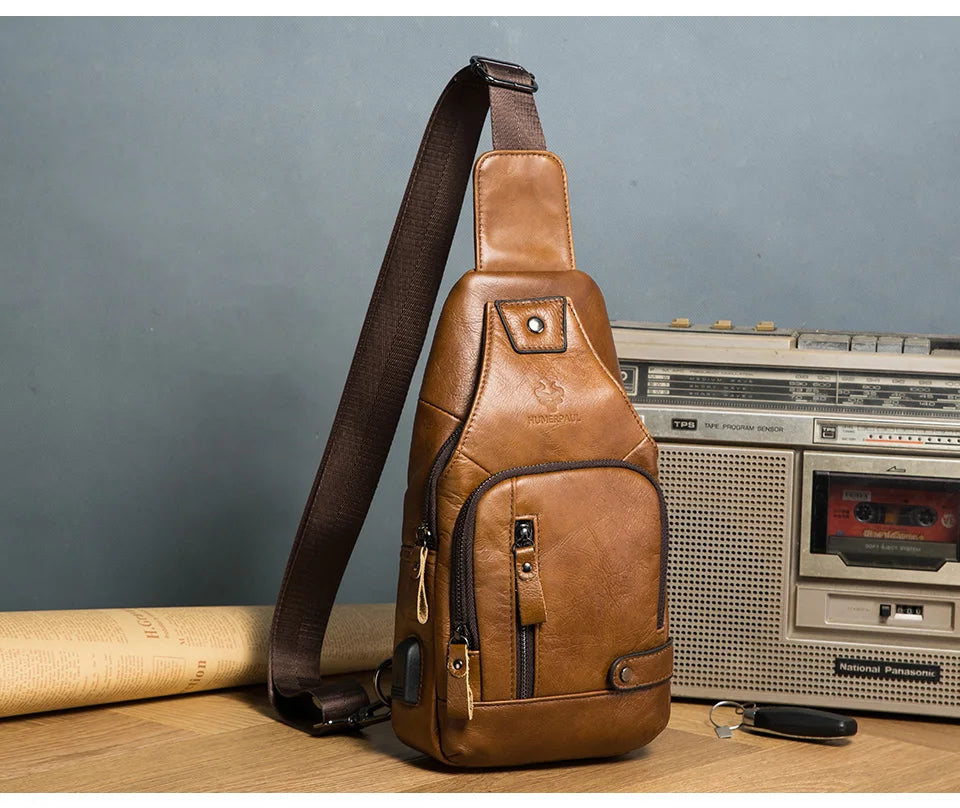 HUMERPAUL Men's Genuine Leather USB Crossbody Chest Bag - Travel & Fashion