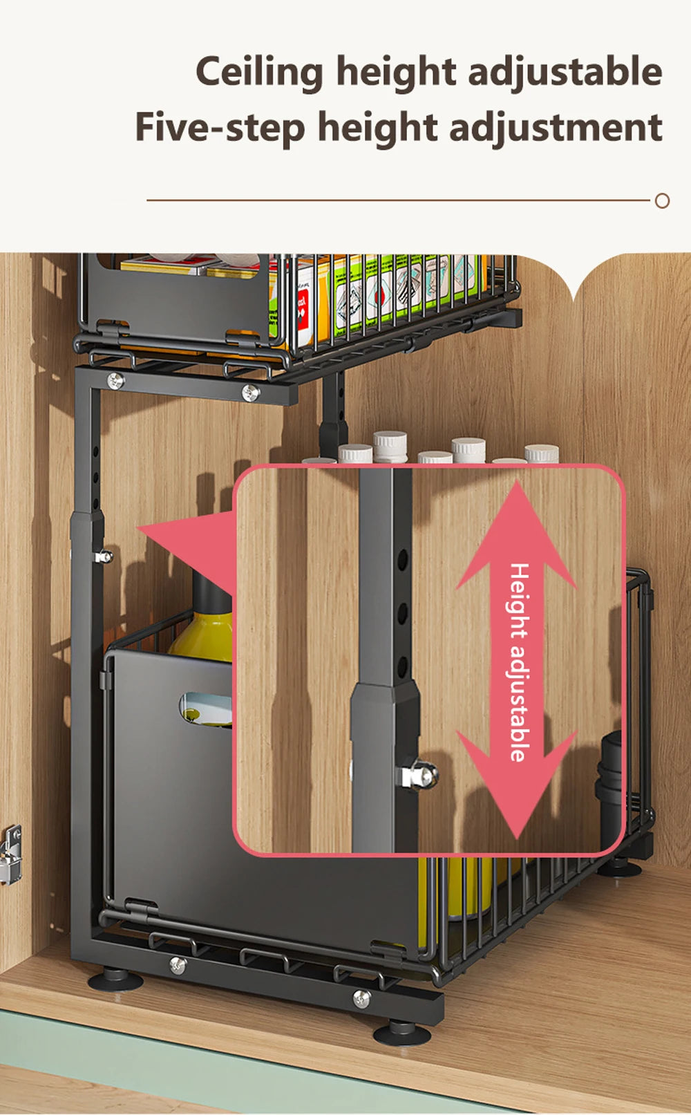 2-Tier Pull-Out Cabinet Organizer - Adjustable Under Sink Storage & Spice Rack