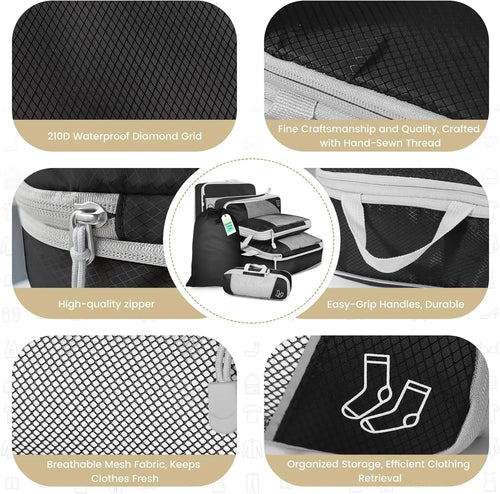 6PCS Travel Compression Packing Cube Set with Shoe Bag | Luggage Organizer