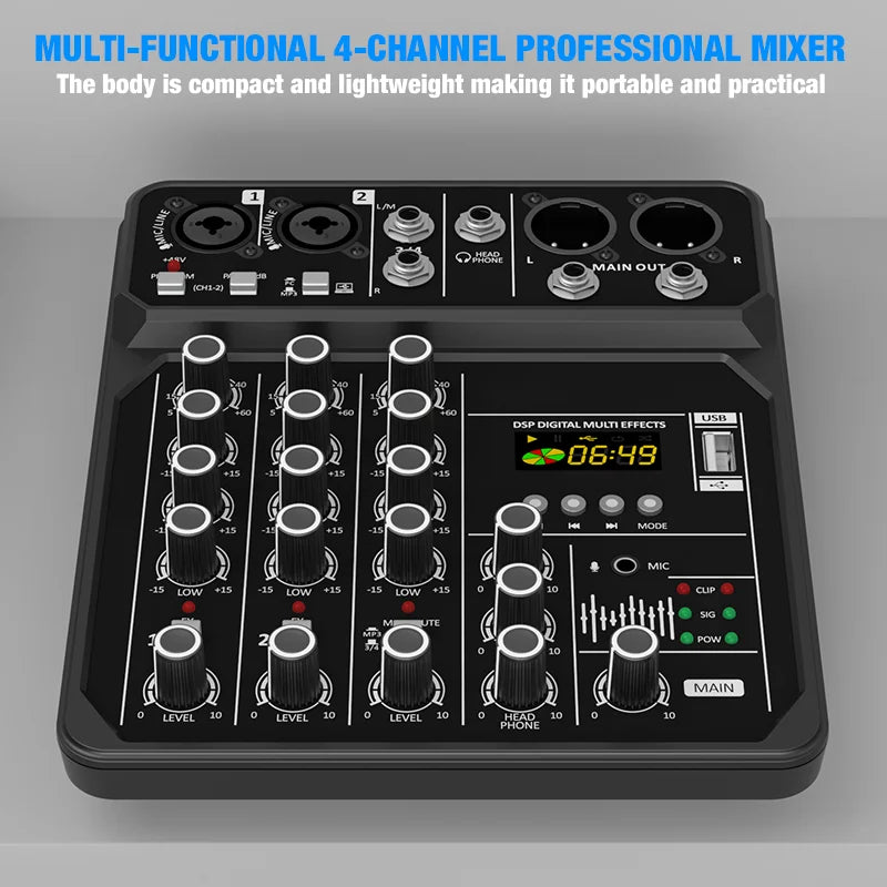 4-Channel Bluetooth Audio Mixer Console with 48V Phantom Power for USB Computer & Karaoke