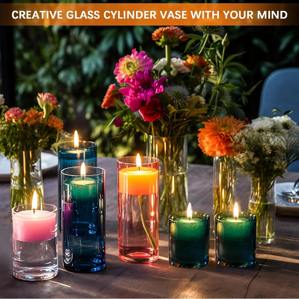 Clear Glass Cylinder Vase & Hurricane Candle Holder Set (4/6/8 Inch) - Home & Wedding Decor
