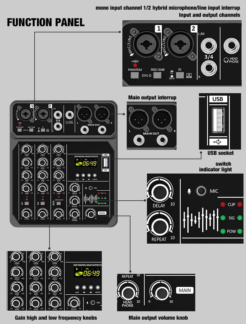 4-Channel Bluetooth Audio Mixer Console with 48V Phantom Power for USB Computer & Karaoke