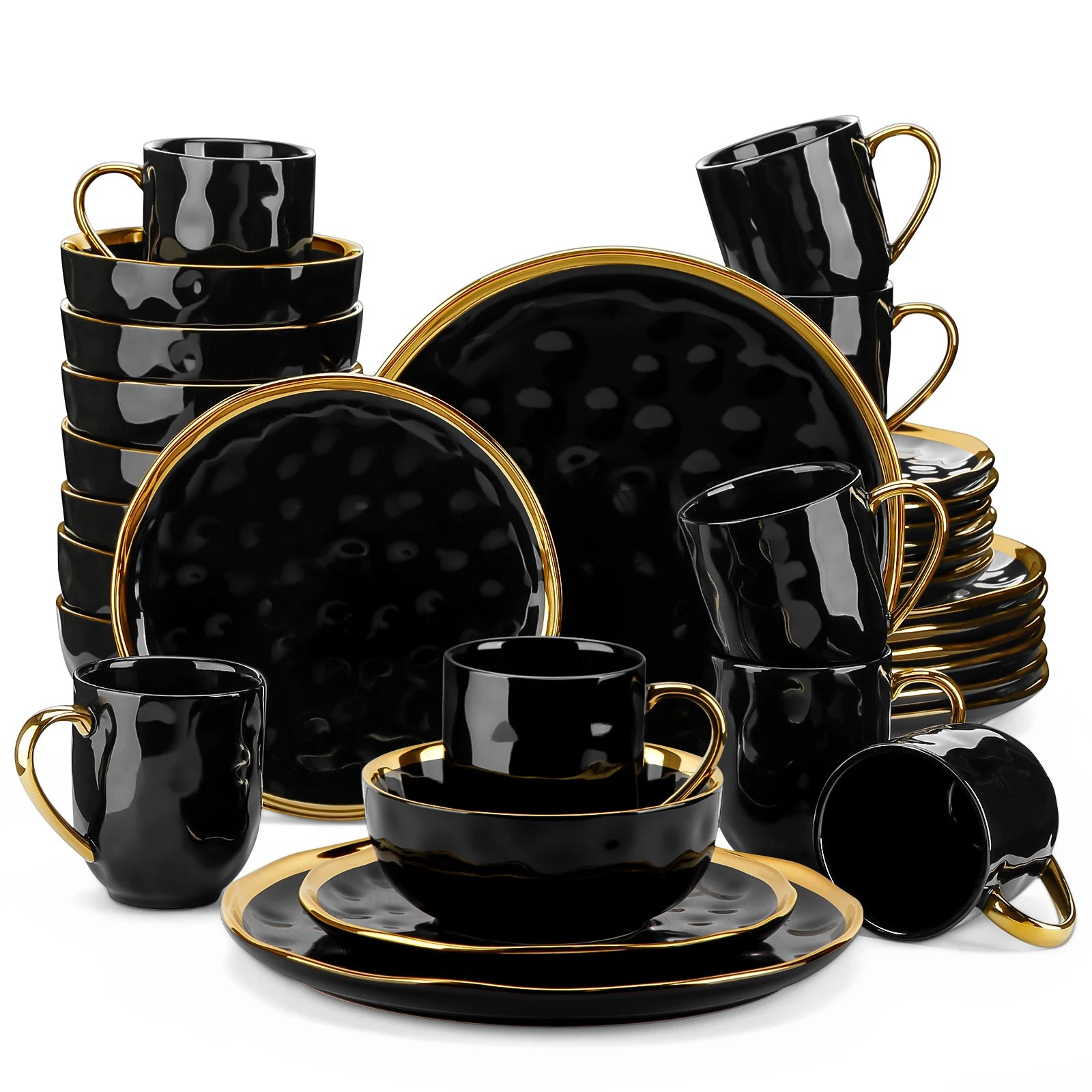 LOVECASA 16/32-Piece Black Porcelain & Gold Dinnerware Set