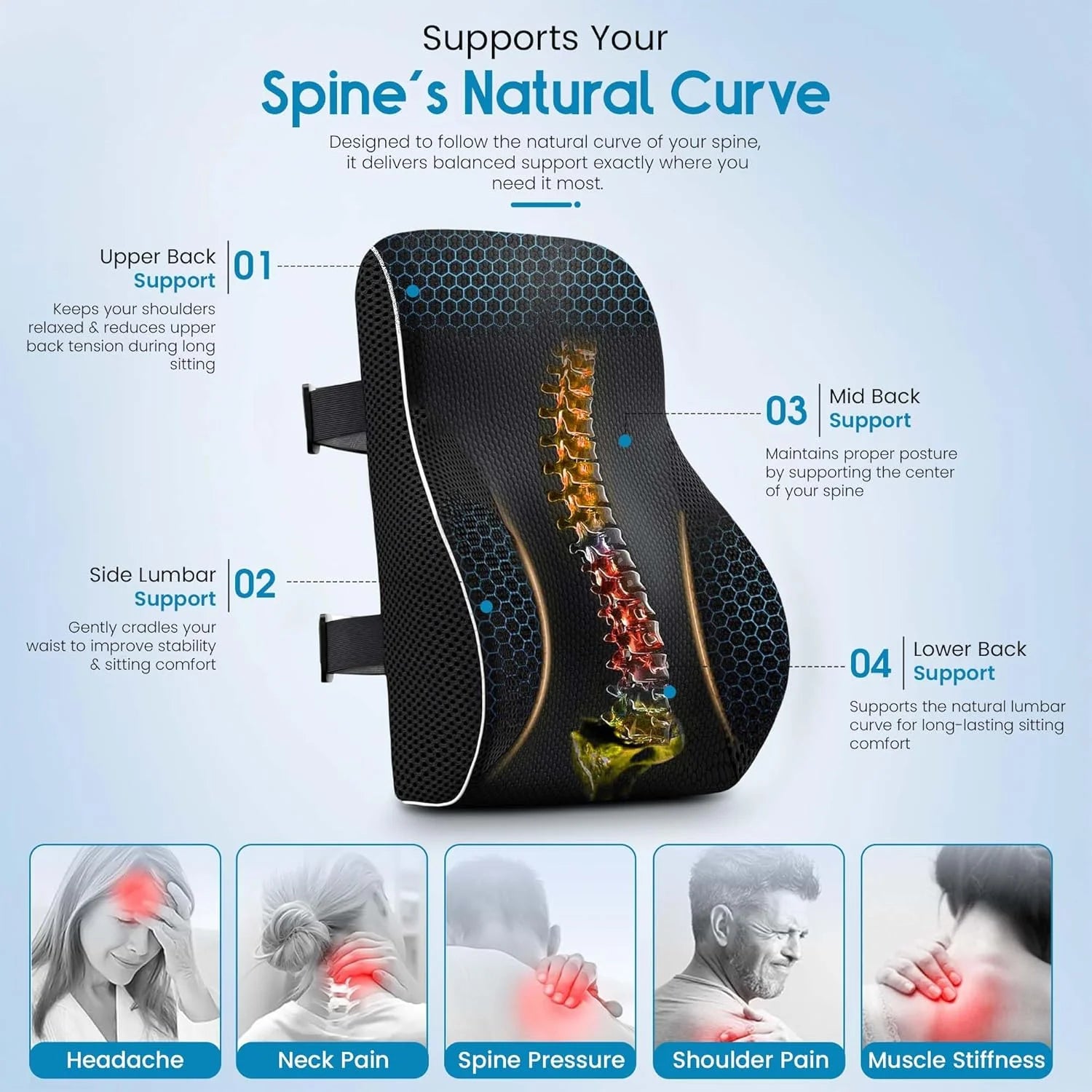 Non-Slip Memory Foam Lumbar Support Pillow | Back Pain Relief for Car, Office, Home