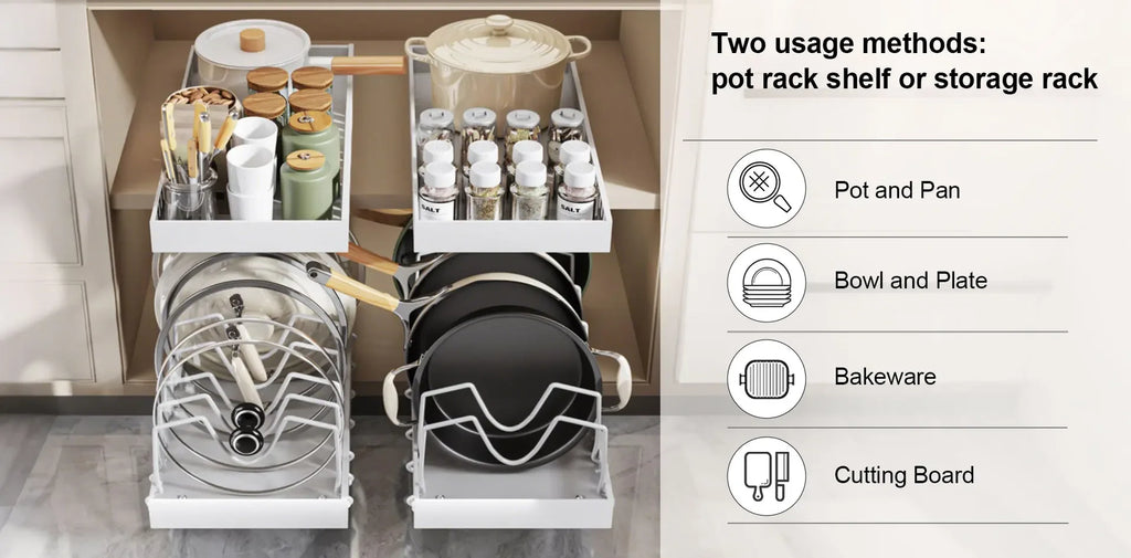 Kitchen Multifunctional Pull-Out Organizer for Pots, Pans, Lids, Spices & Dishes