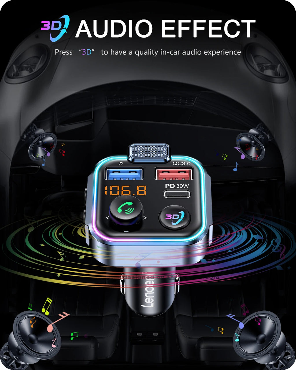 LENCENT Bluetooth 5.3 FM Transmitter | PD 30W QC3.0 Car Charger & Hands-Free Kit
