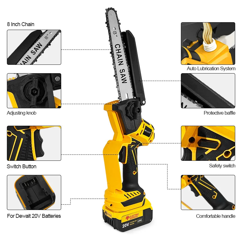 8-Inch 1380W Brushless Electric Chainsaw - Professional Pruning Saw for Dewalt 20V