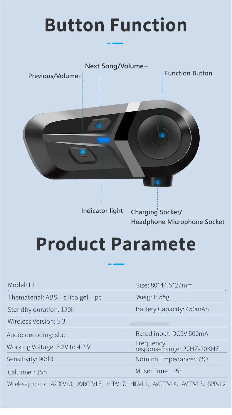 Bluetooth 5.3 Motorcycle Helmet Headset | Wireless Calls & Music