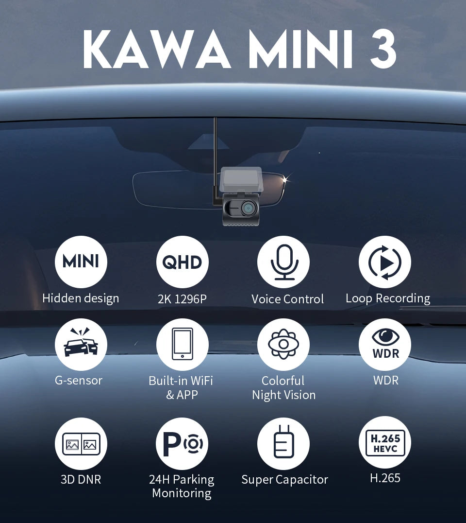 KAWA Dash Cam MINI 3 - 2K Dash Camera with Voice Control, Night Vision & WiFi APP