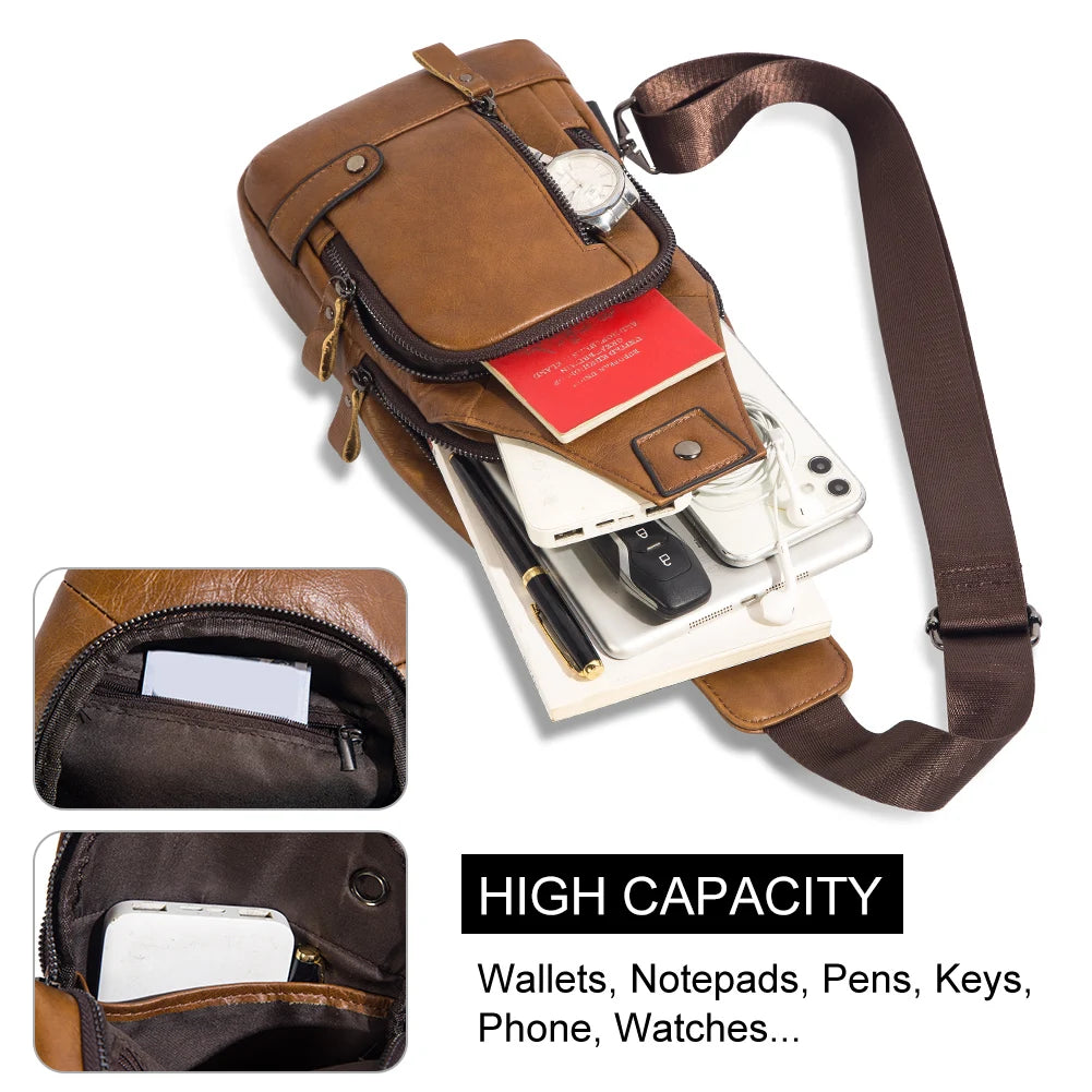 HUMERPAUL Men's Genuine Leather USB Crossbody Chest Bag - Travel & Fashion