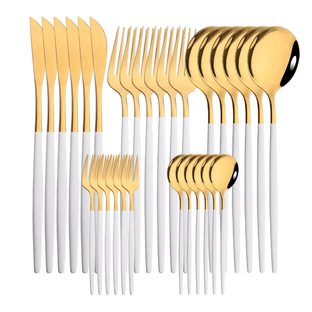 30-Piece Black Gold Stainless Steel Dinnerware Set | Kitchen Cutlery