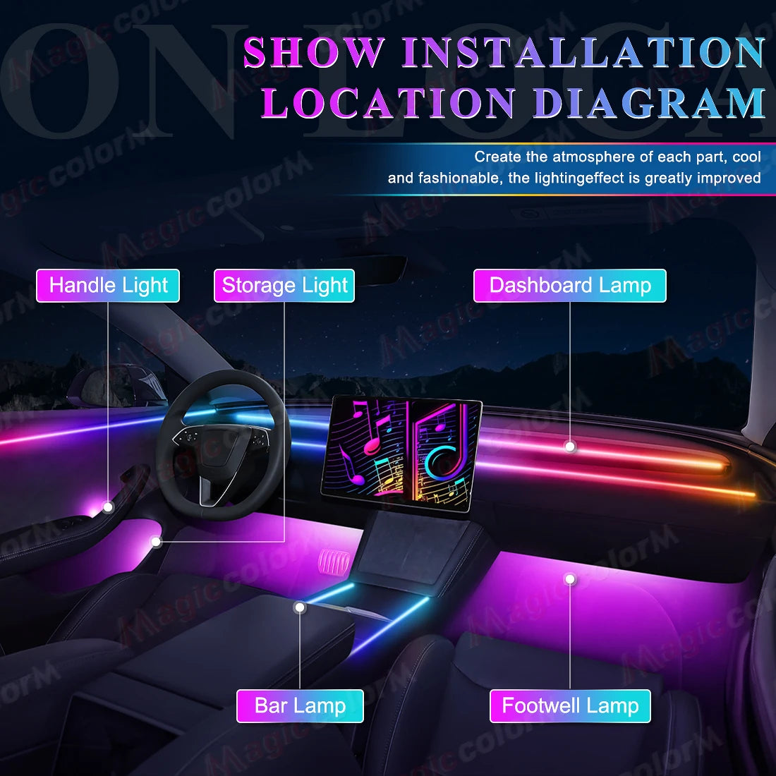 18-in-1 LED Car Ambient Lights Kit - 64 Color RGB Symphony Streamer Interior Bluetooth Strips