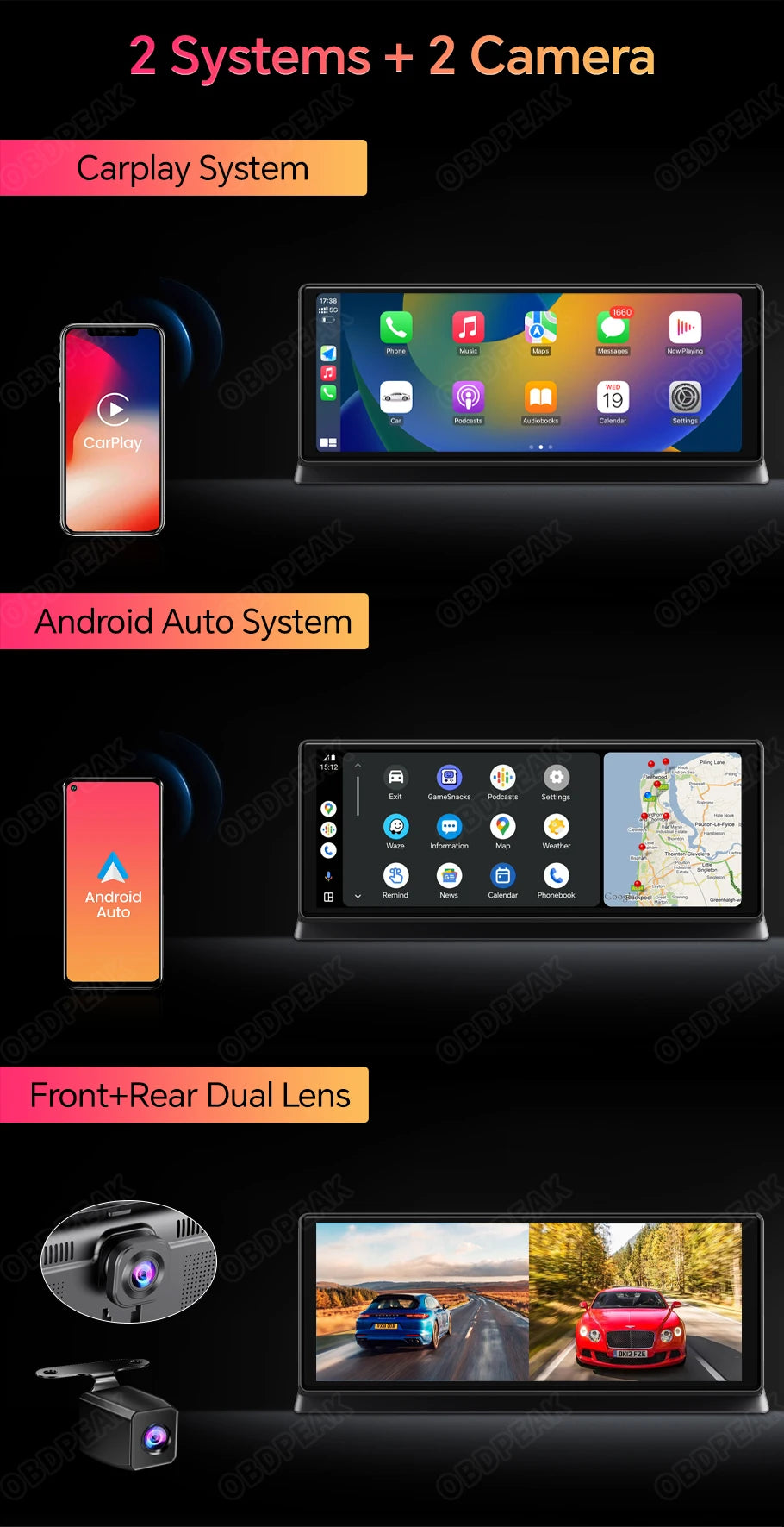 K2 Pro 11.3" 4K Wireless CarPlay Android Auto Dash Cam with GPS & Dual Lens