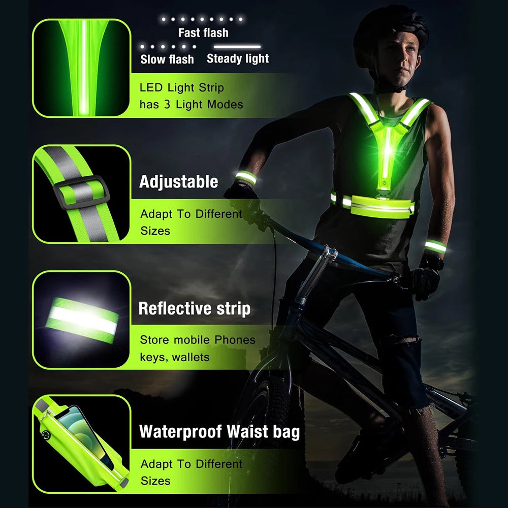 Vabena LED Reflective Running Vest - USB Rechargeable & Waterproof Phone Pouch