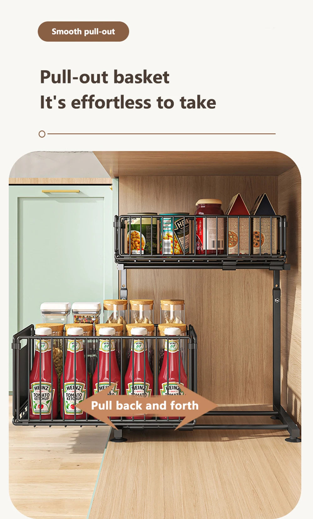 2-Tier Pull-Out Cabinet Organizer - Adjustable Under Sink Storage & Spice Rack