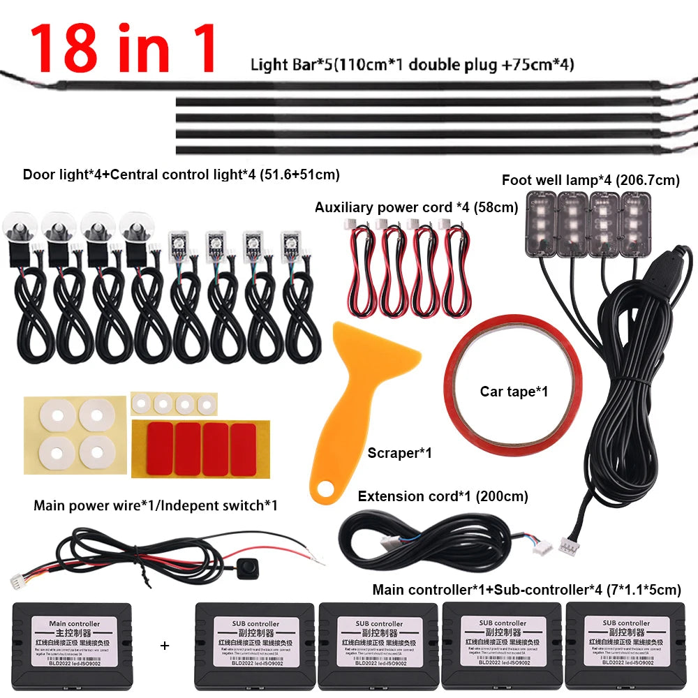 18-in-1 Car Interior RGB Ambient Light Kit - 64 Colors, App Controlled Symphony Lighting