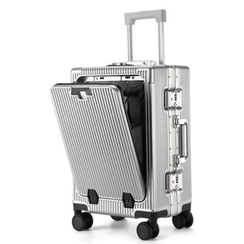 Vabena Front Opening USB Charging Aluminum Carry-on Suitcase