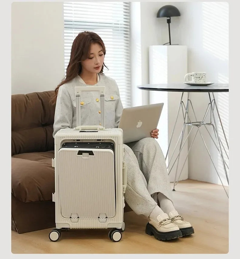 Vabena Front Opening USB Charging Aluminum Carry-on Suitcase