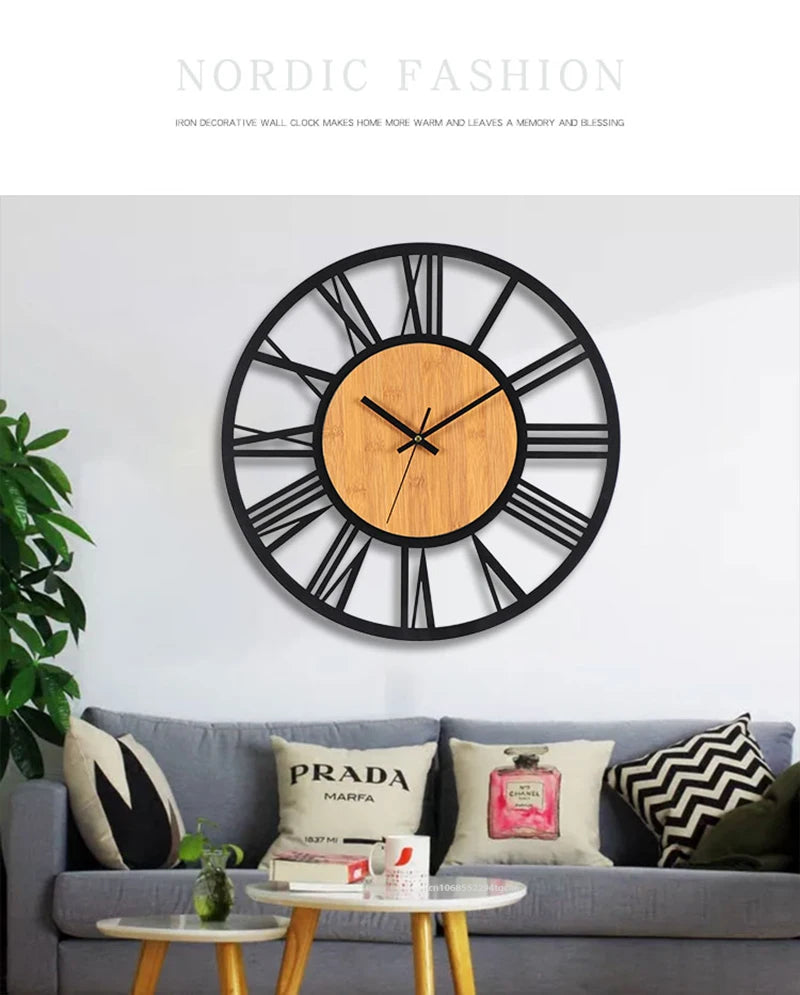 Nordic Retro 3D Large Wall Clock - Silent Roman Numerals Wood Metal Iron Decor