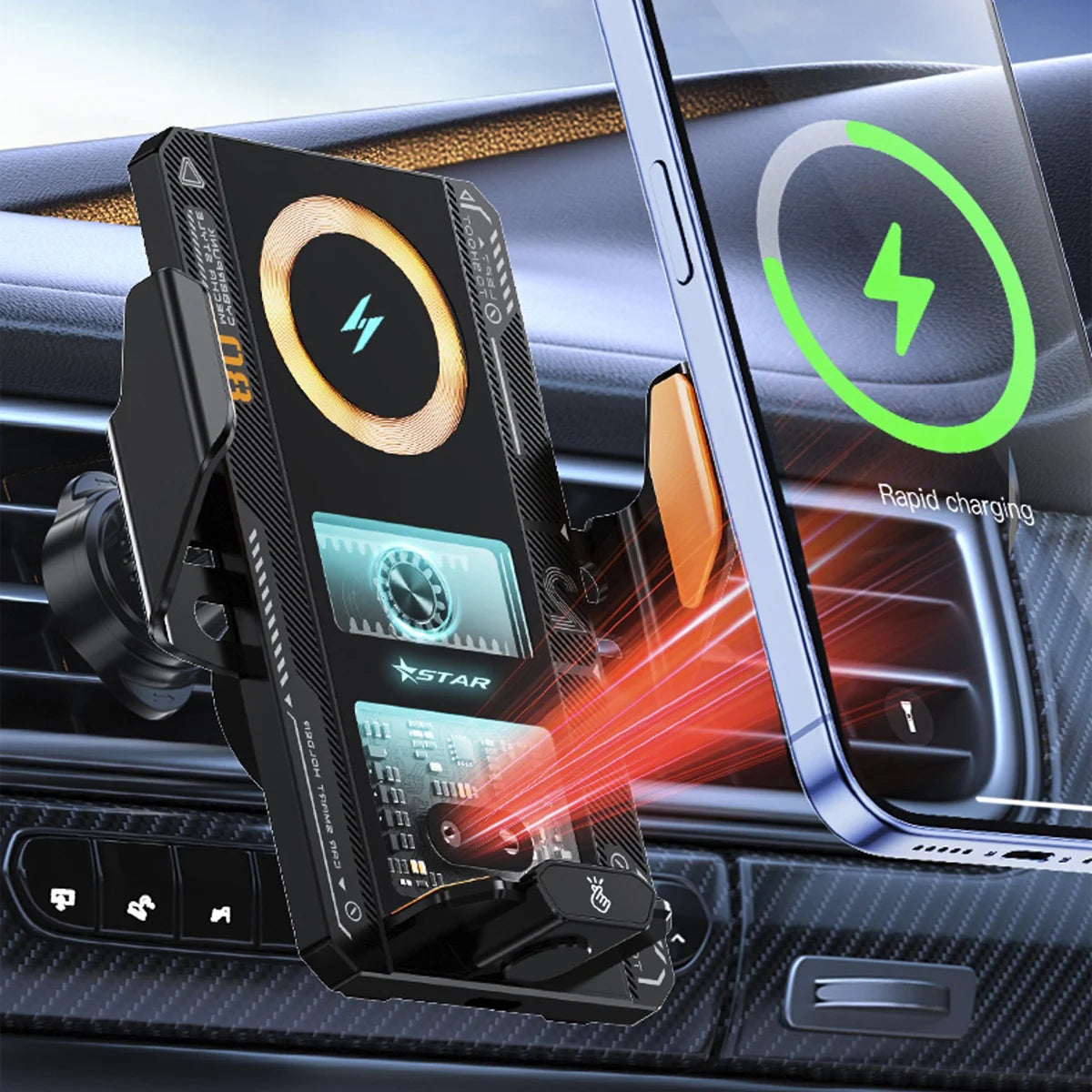 Smart Sensing Car Phone Mount | 15W Wireless & 66W Fast Charging Auto Clamping Holder