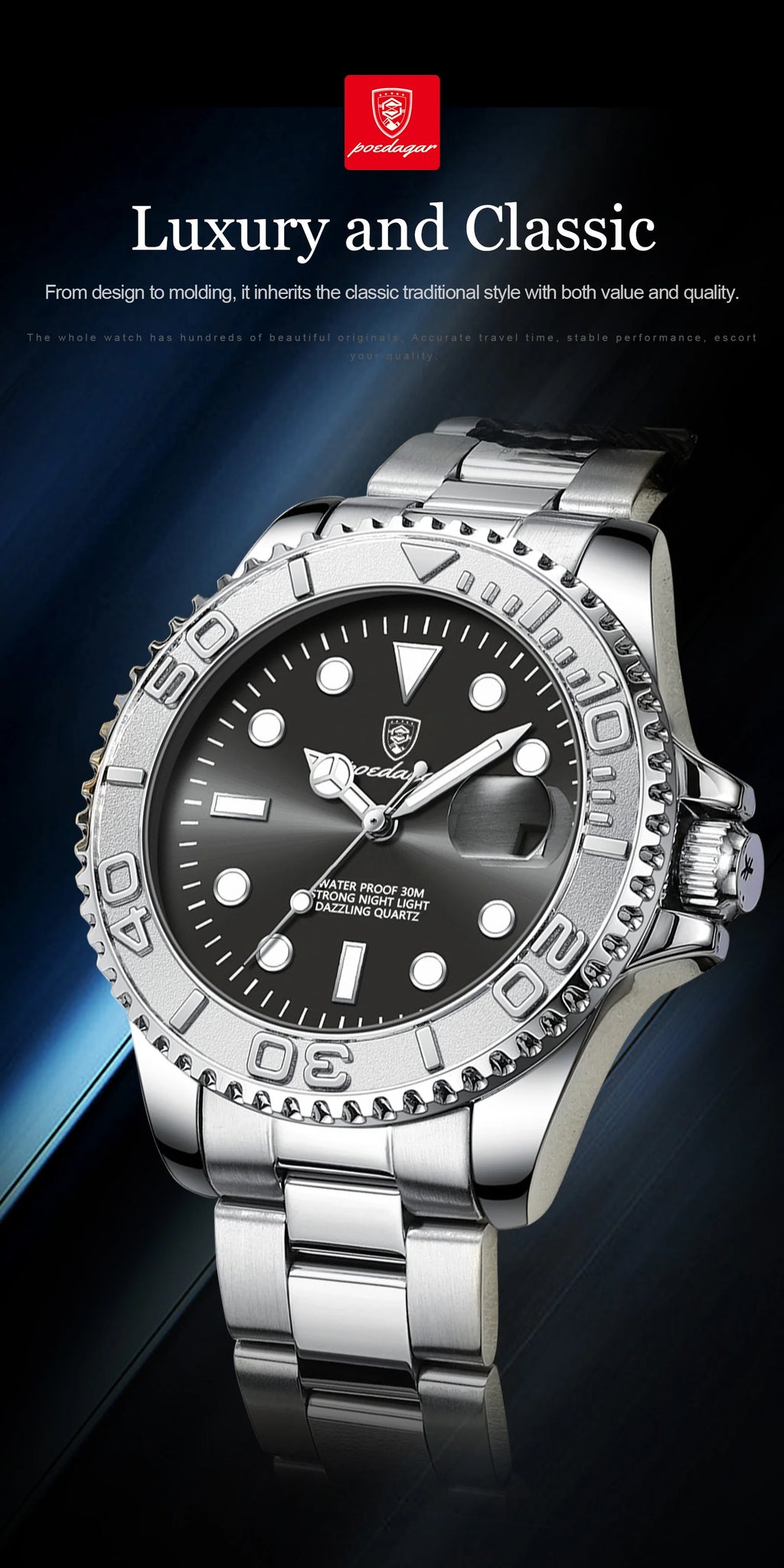 POEDAGAR Luxury Men's Quartz Watch - Waterproof & Luminous Date