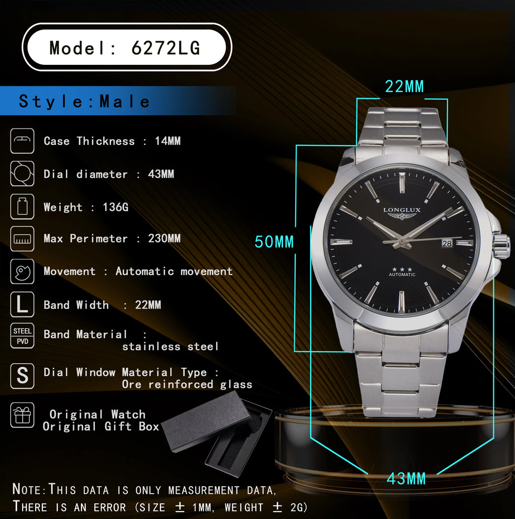 Men's Automatic Watch | Mechanical Business Date Stainless Steel Luminous Waterproof