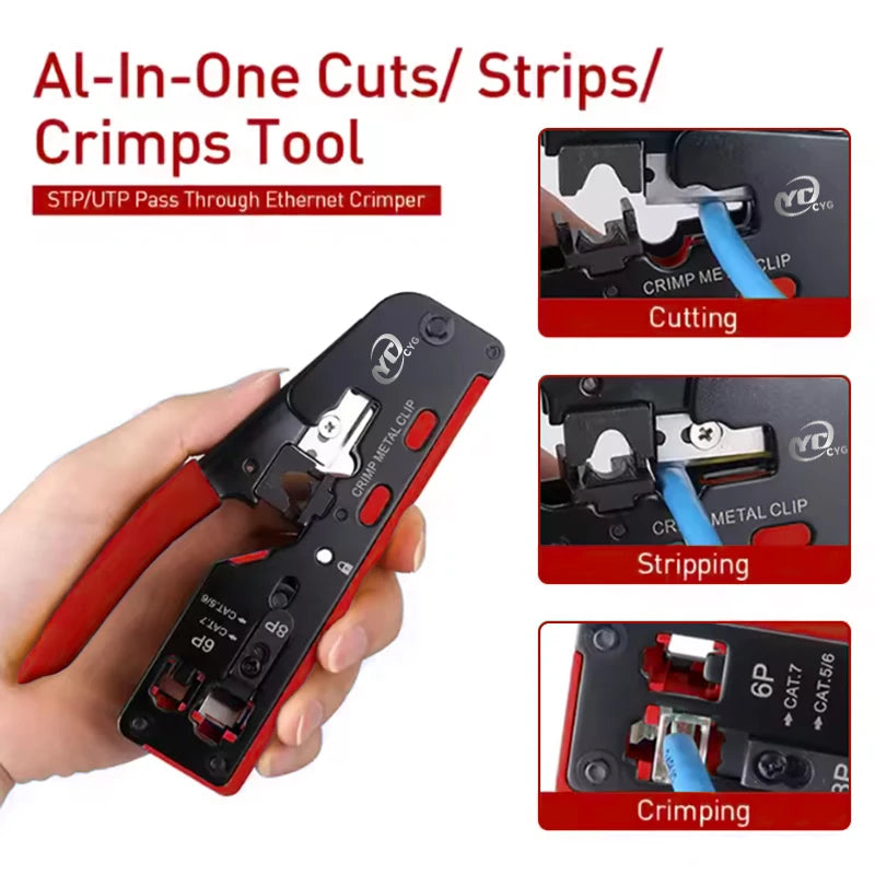 Vabena RJ45 RJ12 RJ11 Pass Through Crimp Tool & Stripper Kit | Cat5e-Cat7 Ethernet Crimper