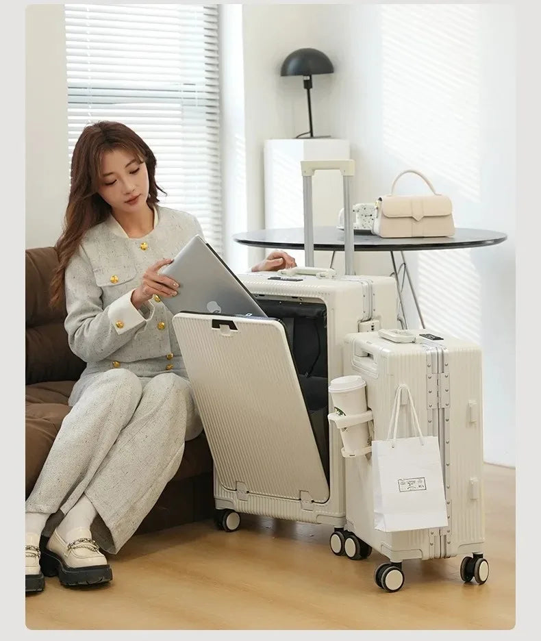 Vabena Front Opening USB Charging Aluminum Carry-on Suitcase