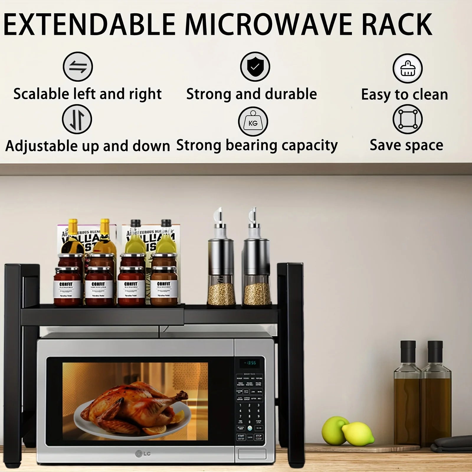 Expandable Microwave Shelf with 6 Hooks - Kitchen Storage Rack