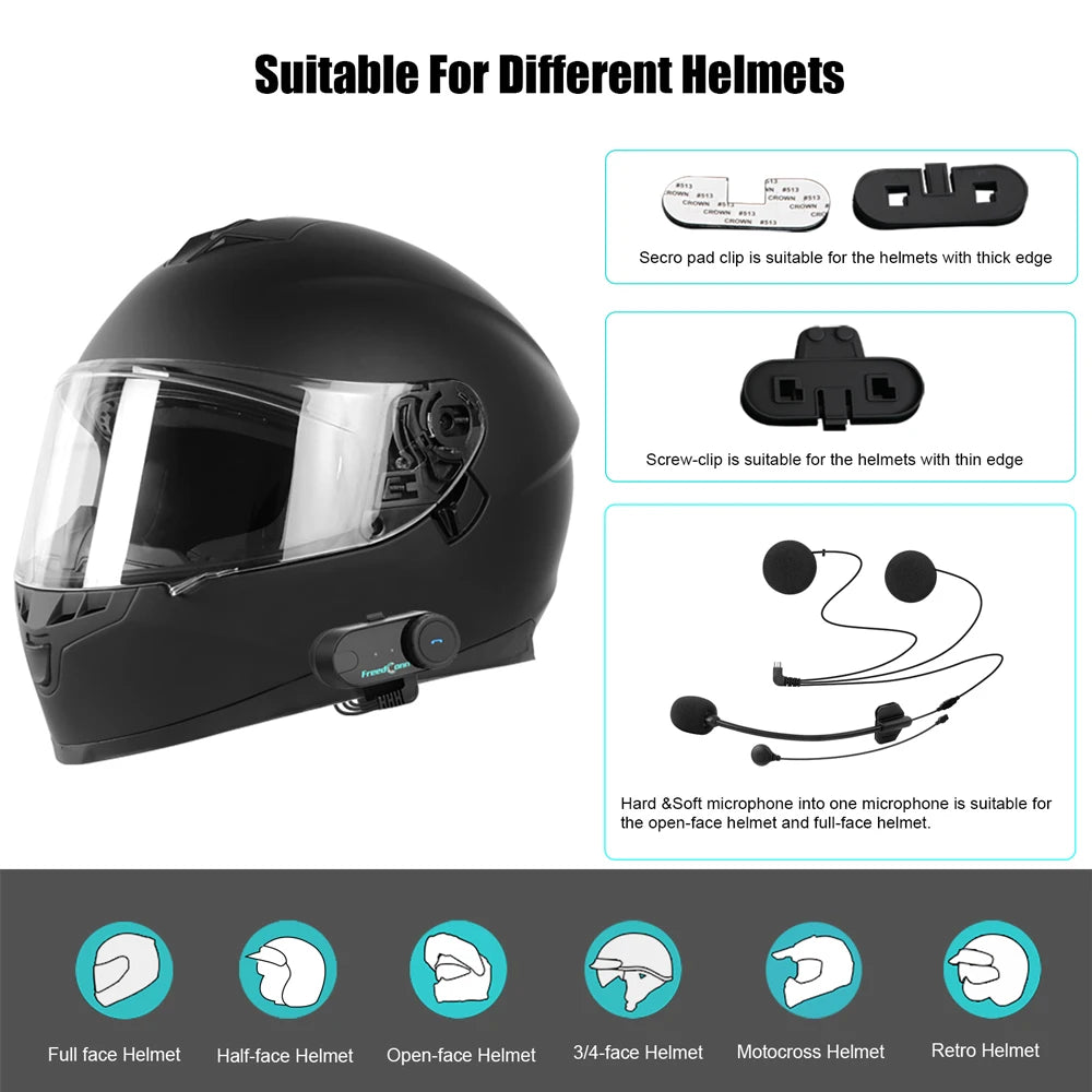 Freedconn T-Com VB Bluetooth Intercom | 6-Rider Motorcycle Headset & FM