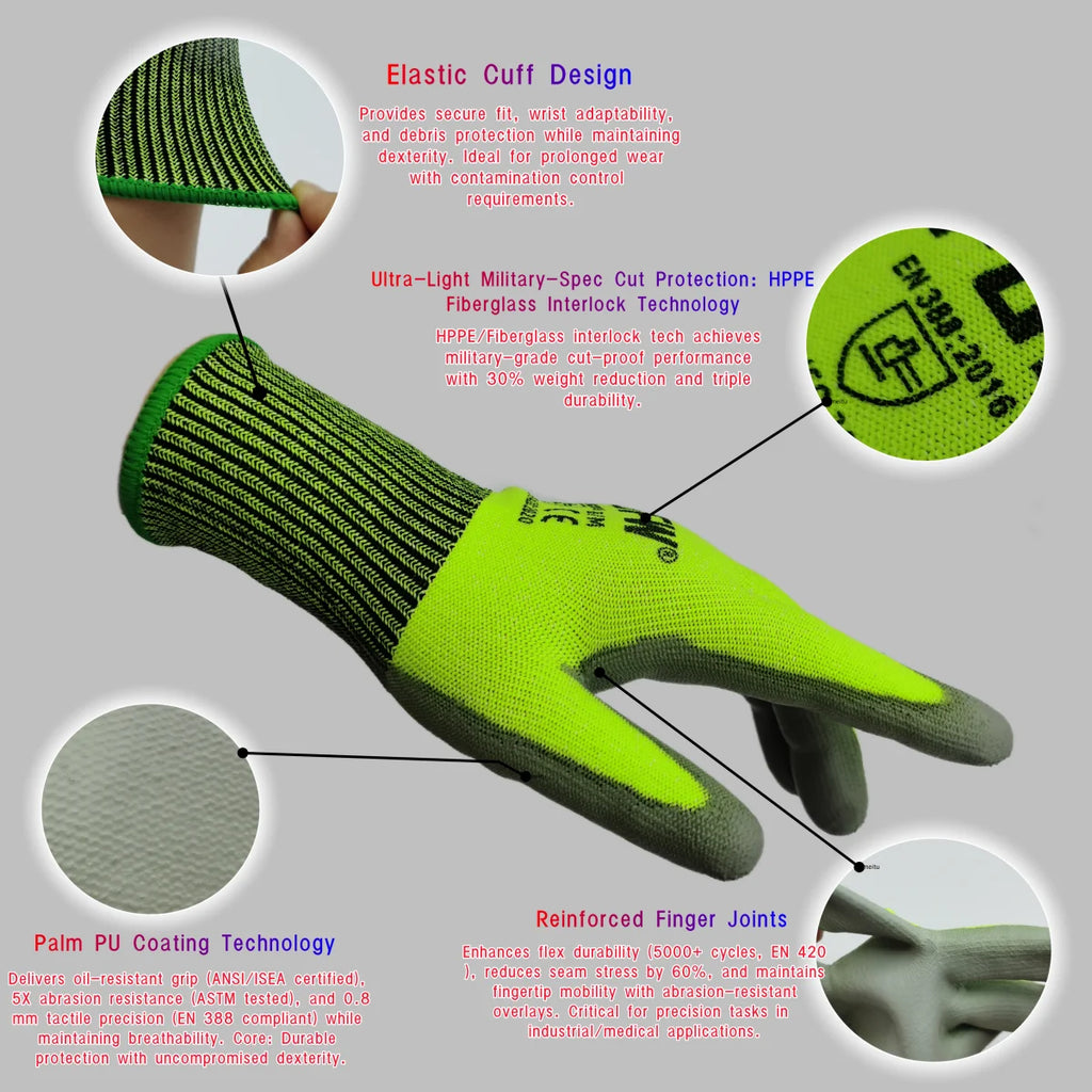 10 Pairs Military-Grade Level C Cut Resistant Gloves EN388 Certified for Industrial Use