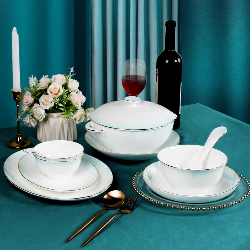 Vabena 80pcs Nordic Gold Rim Luxury Bone China Dinnerware Set