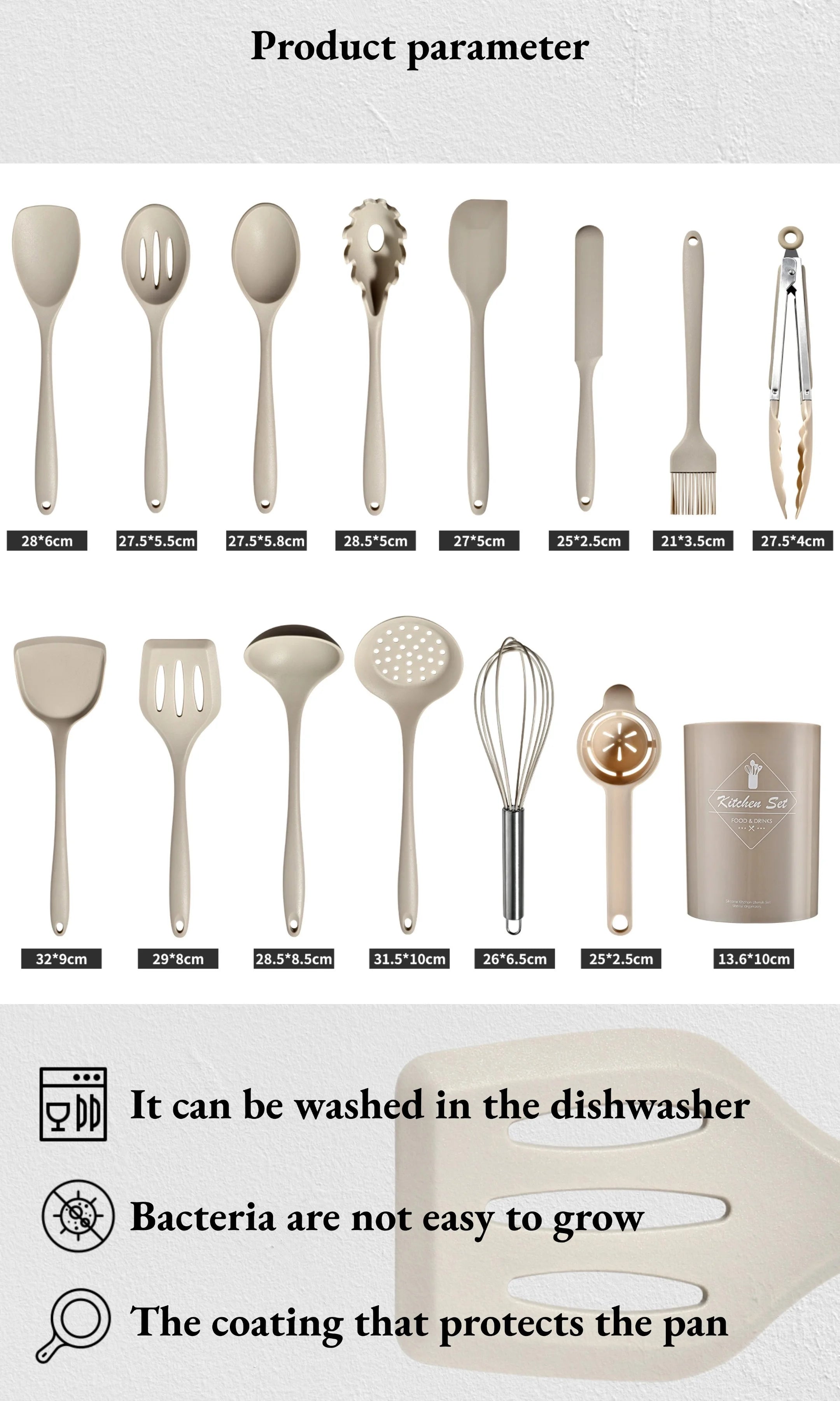 15-Piece Khaki Food Grade Silicone Kitchen Utensil Set