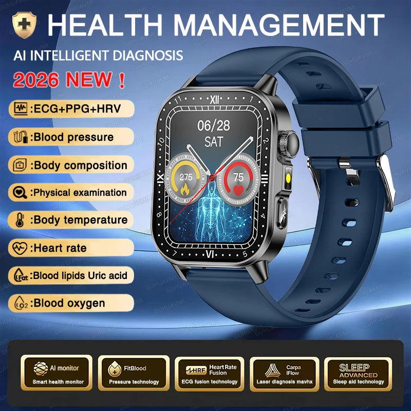 Vabena Men's ECG Smartwatch: Accurate Health Diagnosis with Blood Pressure, Oxygen, Fat, Uric Acid & Temp Monitoring