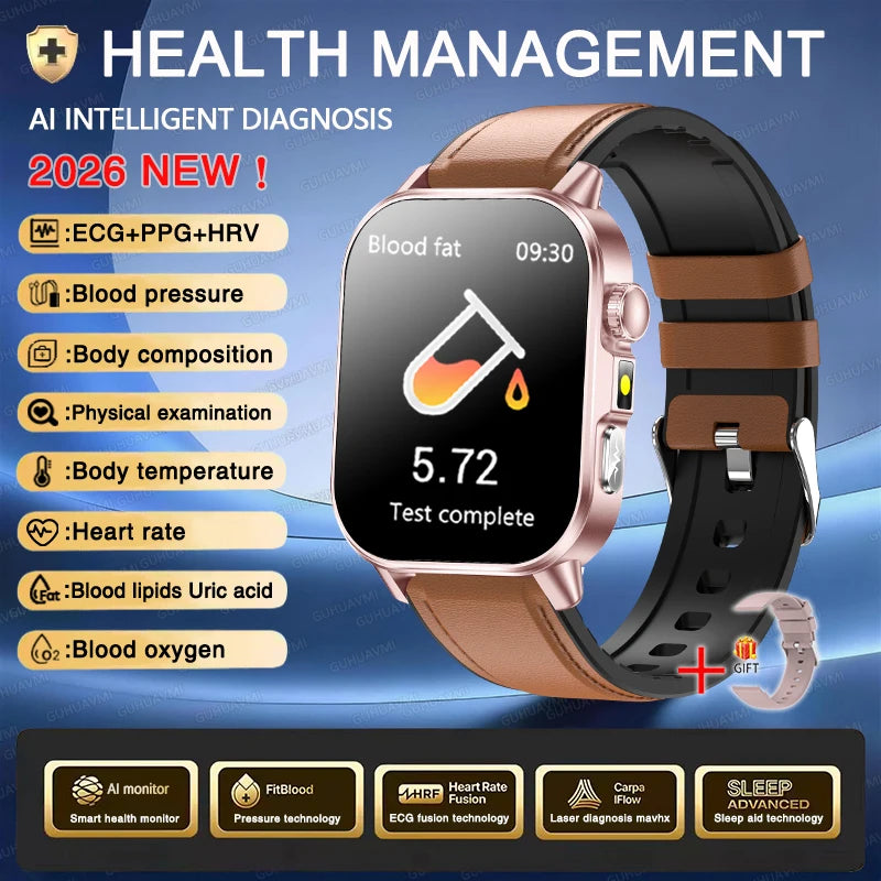 Vabena Men's ECG Smartwatch: Accurate Health Diagnosis with Blood Pressure, Oxygen, Fat, Uric Acid & Temp Monitoring