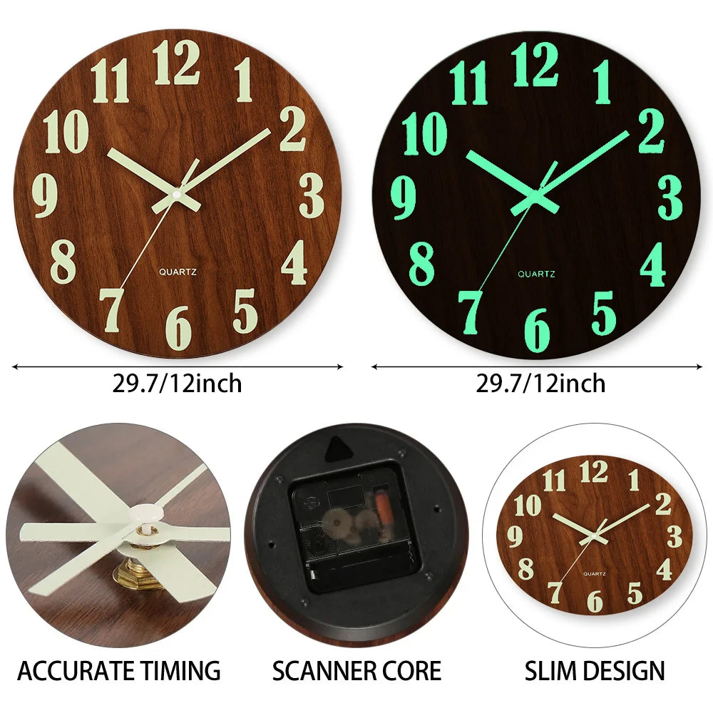 12-inch Luminous Silent Wood Wall Clock - Nordic Night Light Decor