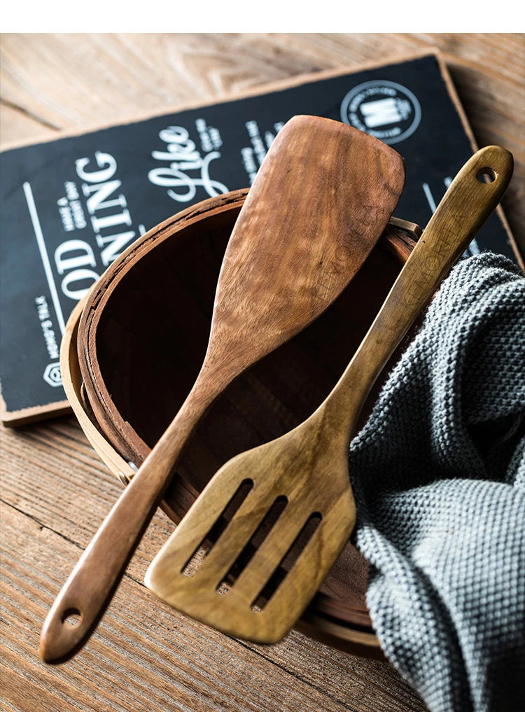 9-Piece Teak Wooden Cooking Utensil Set with Holder